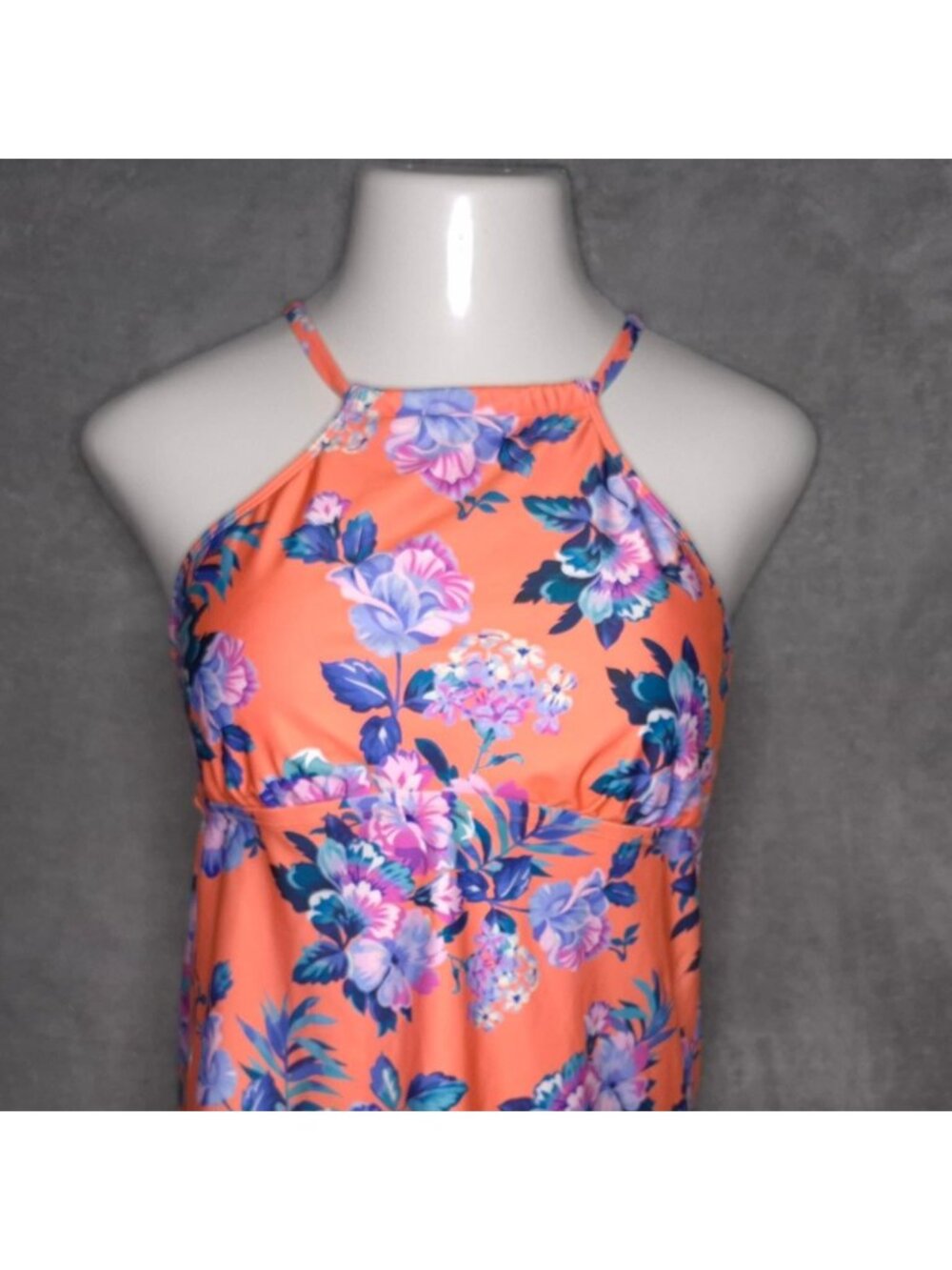 A.N.A. Floral Halter Tankini Top XL Adjustable Straps Crisscross Back Swimwear